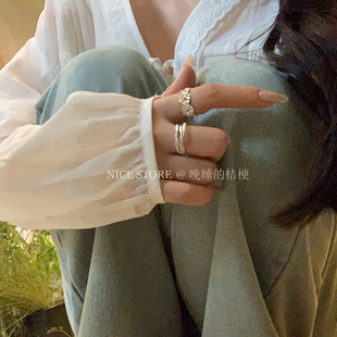 晚睡的桔梗「池荷泠」复古多圈开口素戒指女高级感食指戒叠戴指环