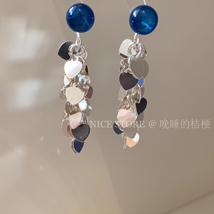 晚睡的桔梗「南风谷」冰蓝色爱心流苏耳环银色亮片冷淡风两戴耳饰