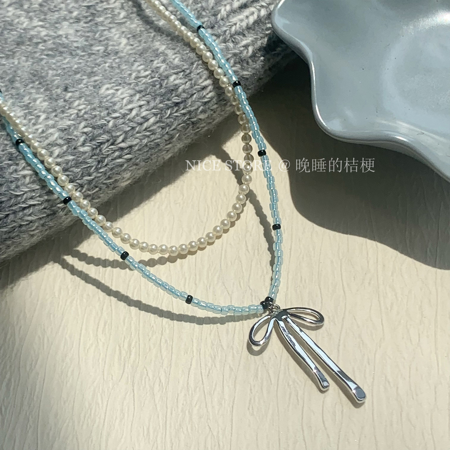 晚睡的桔梗I蝴蝶结珍珠项链