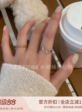 晚睡的桔梗「遇见」咖啡金双钻开口锆石戒指关节戒简约女食指戒