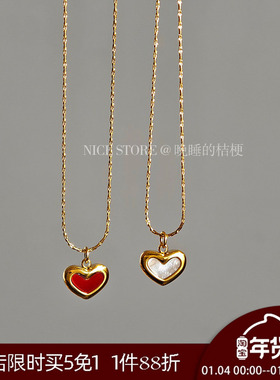 晚睡的桔梗「复兴恋诗」日韩红色爱心吊坠钛钢项链双面桃心锁骨链