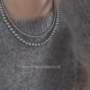 售完无补|法式轻奢高级感真多麻灰珍珠项链正圆叠戴毛衣链女