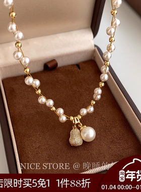 晚睡的桔梗「落蒂」轻奢小众编织珍珠花生项链精致正圆百搭锁骨链