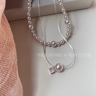 晚睡的桔梗「梦始之地」温柔风曼塔玫瑰珍珠叠戴项链日韩锁骨链