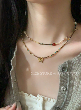 五折清仓「金风玉露」新中式蝴蝶吊坠天然石叠戴项链