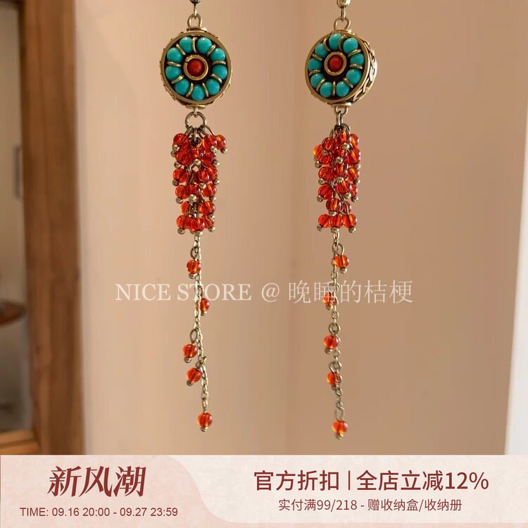 晚睡的桔梗|石绿红色葡萄耳环图片