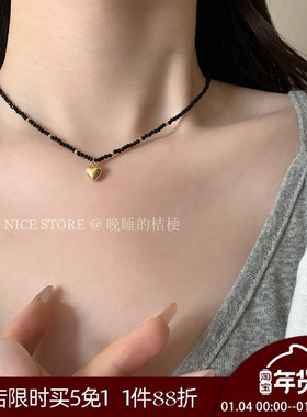 晚睡的桔梗I爱心黑色串珠项链