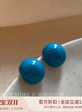 晚睡的桔梗I蓝色滴釉豆豆耳钉
