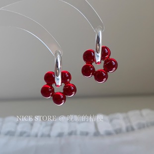 晚睡 桔梗「木槿」日韩红色花朵耳环糖果色两戴耳扣度假风耳饰