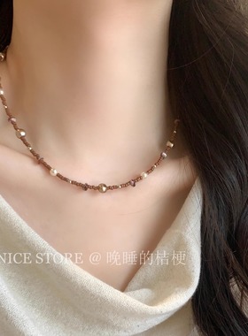 晚睡的桔梗「梓木」秋冬美拉德珍珠串珠项链时尚复古锁骨链女