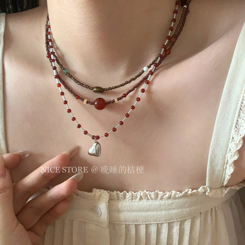 晚睡的桔梗玛瑙爱心项链