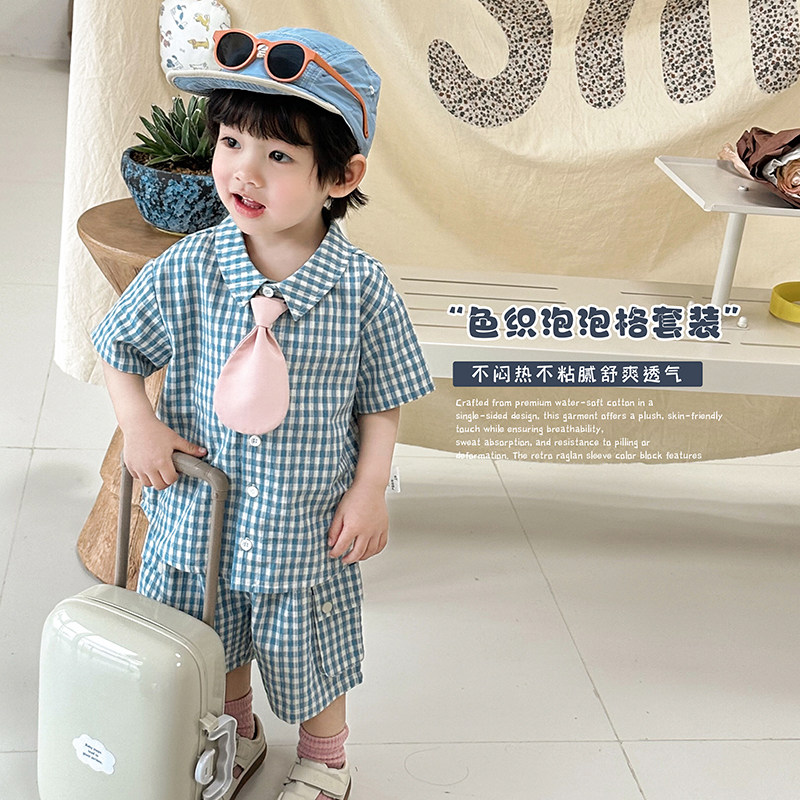 阿小轩童装夏季新品【蓝泡泡】日系休闲格子套装儿童短袖衬衫短裤
