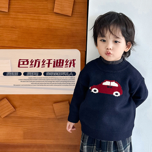 阿小轩童装2025冬装新款【时光名片】男童圆领汽车毛衣儿童线衣