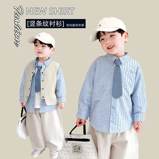 阿小轩童装2025春装新款法式灿烂儿童条纹长袖衬衫男童宽松衬衣潮