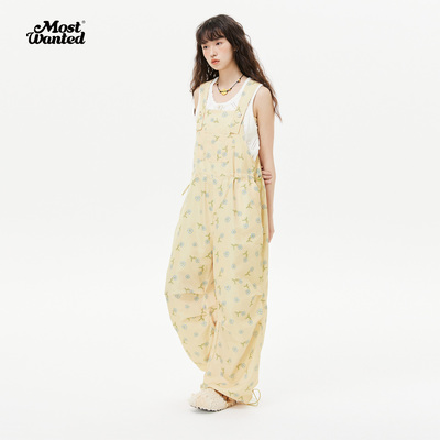 十字小花满印抽绳背带裤