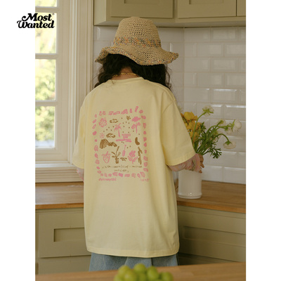 mostwanted自然元素插画滴胶珠短袖手绘图案通勤宽松圆领罩衫T恤