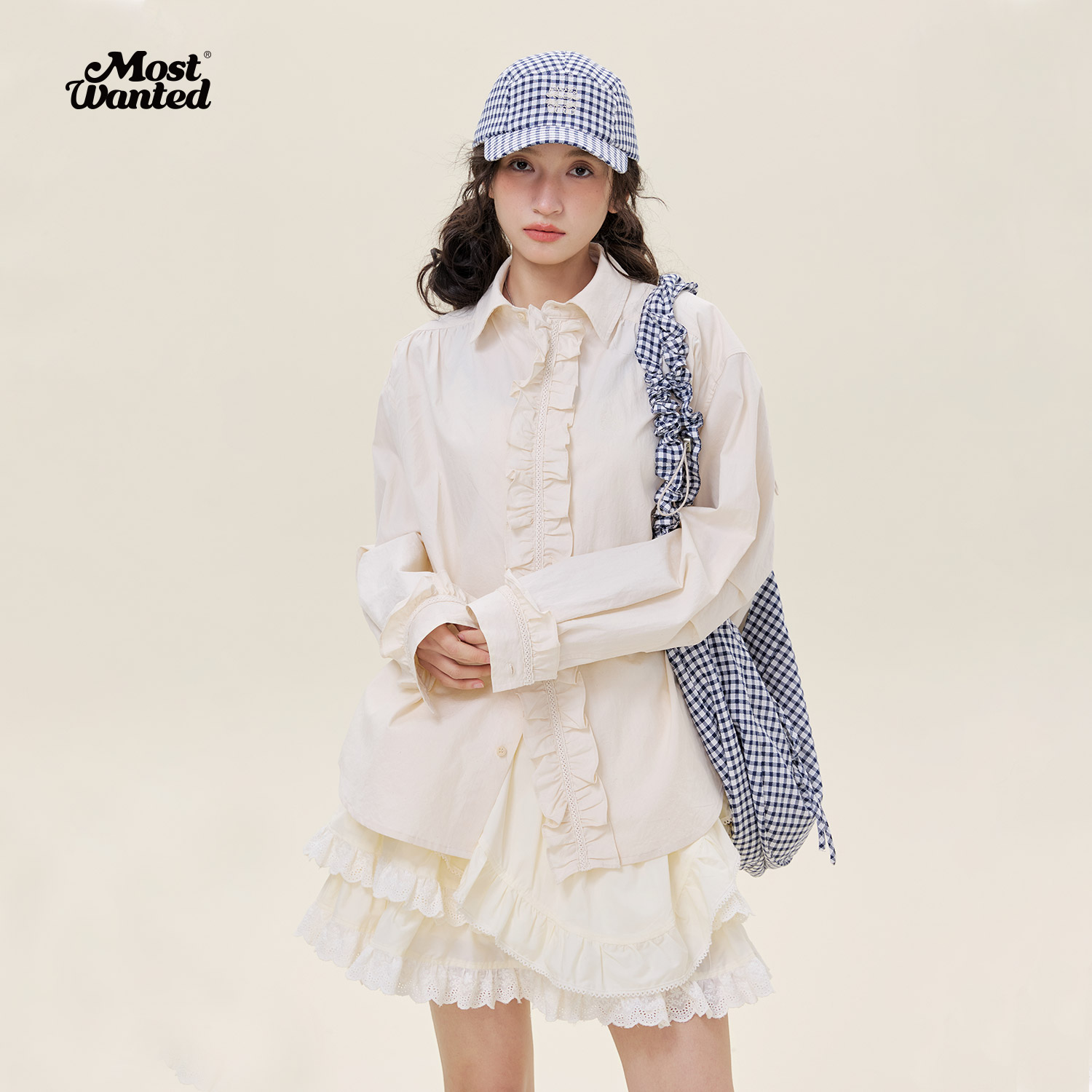 mostwanted 小花棉麻木耳花边长袖2025夏季新款衬衫女