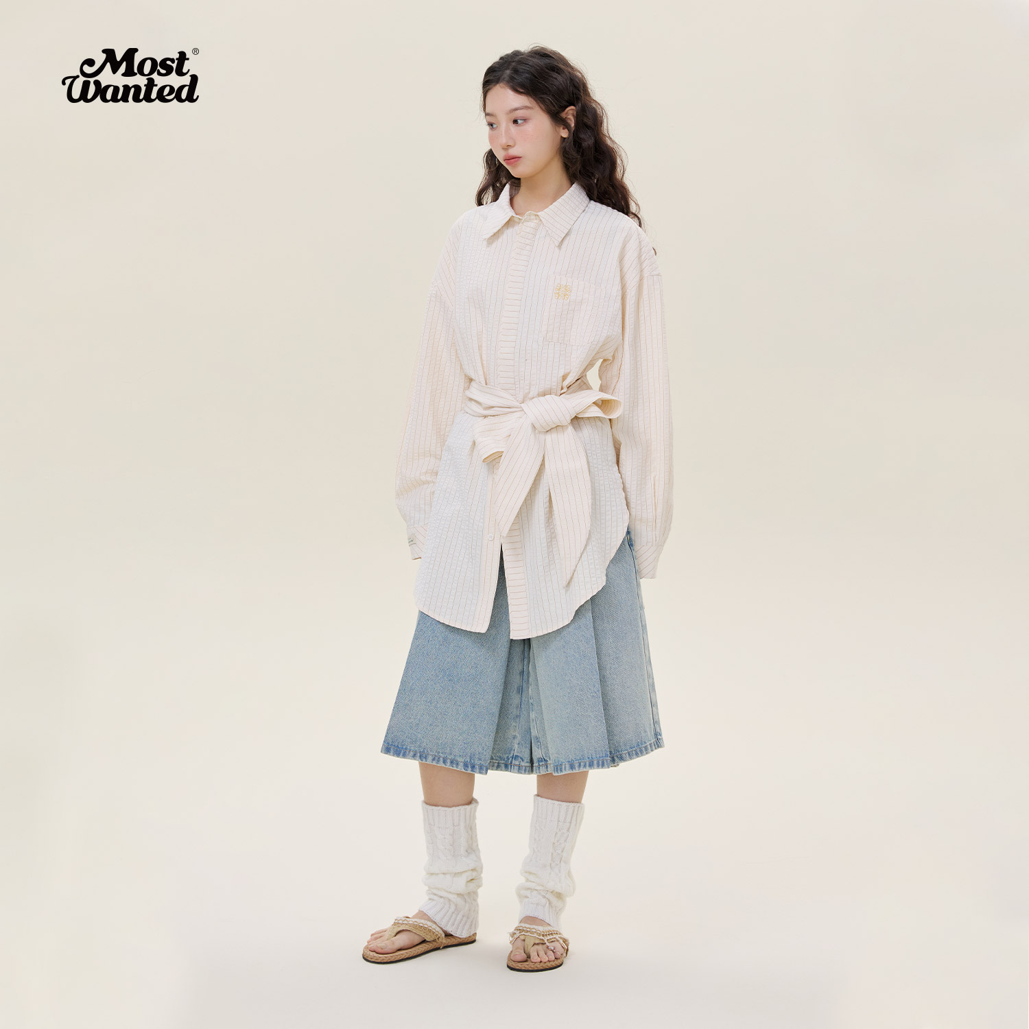 mostwanted 双层门襟基础条纹刺绣长款衬衫