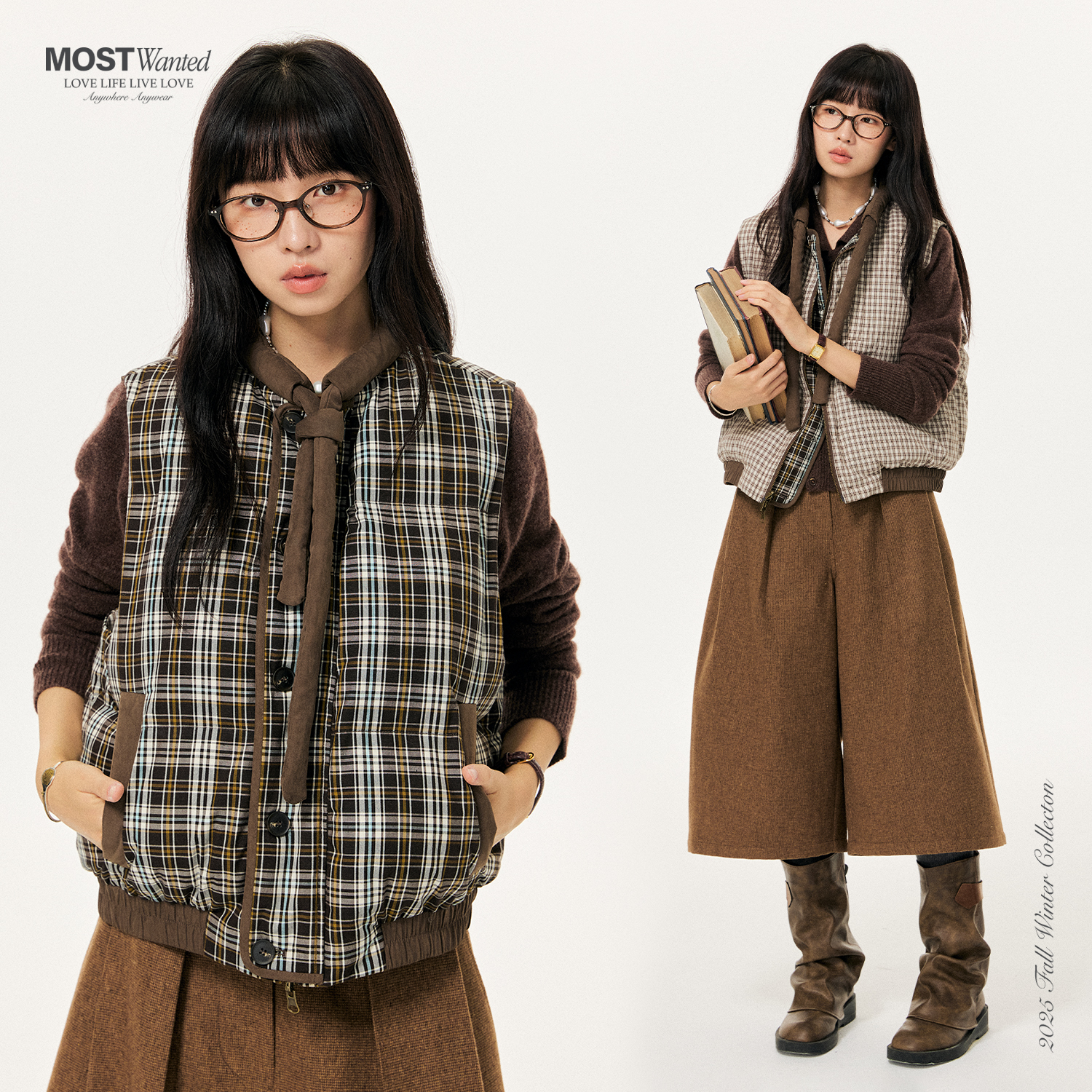 mostwanted格纹双面穿绑带棉马甲女款外穿2025新款冬季棉背心