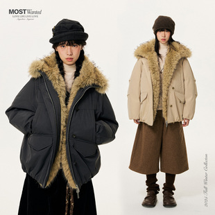 mostwanted环保皮草拼接三防派克羽绒服2026冬季新款厚外套中长款