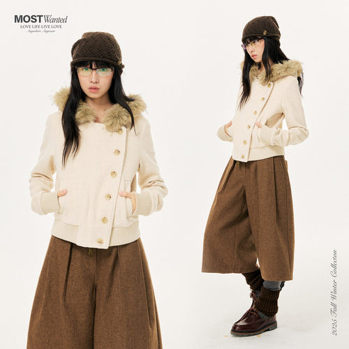 mostwanted脱卸毛领斜门襟纽扣毛呢夹克外套2025新款冬季外套女