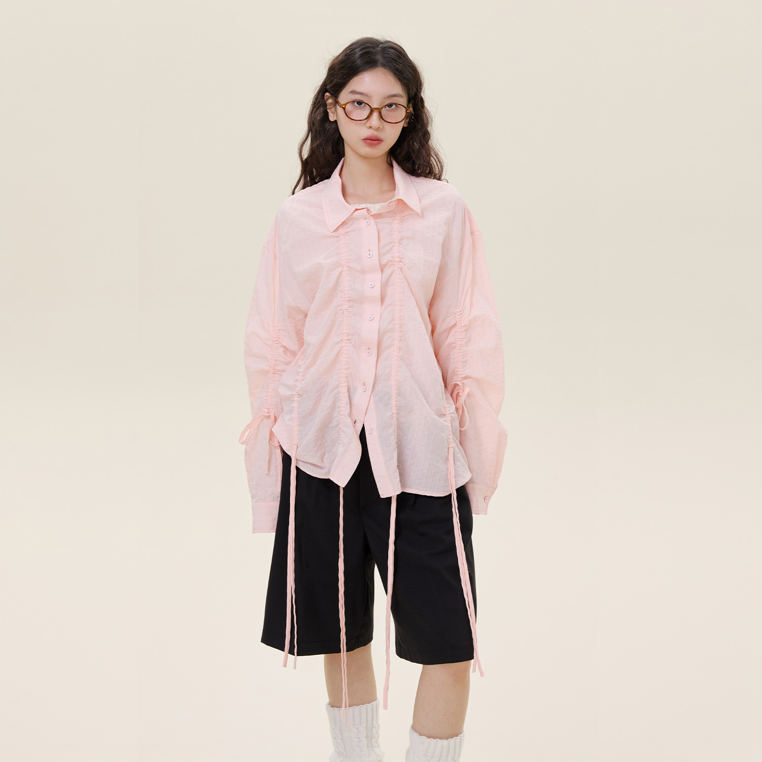 mostwanted 泡泡皱纯色抽绳长袖衬衫