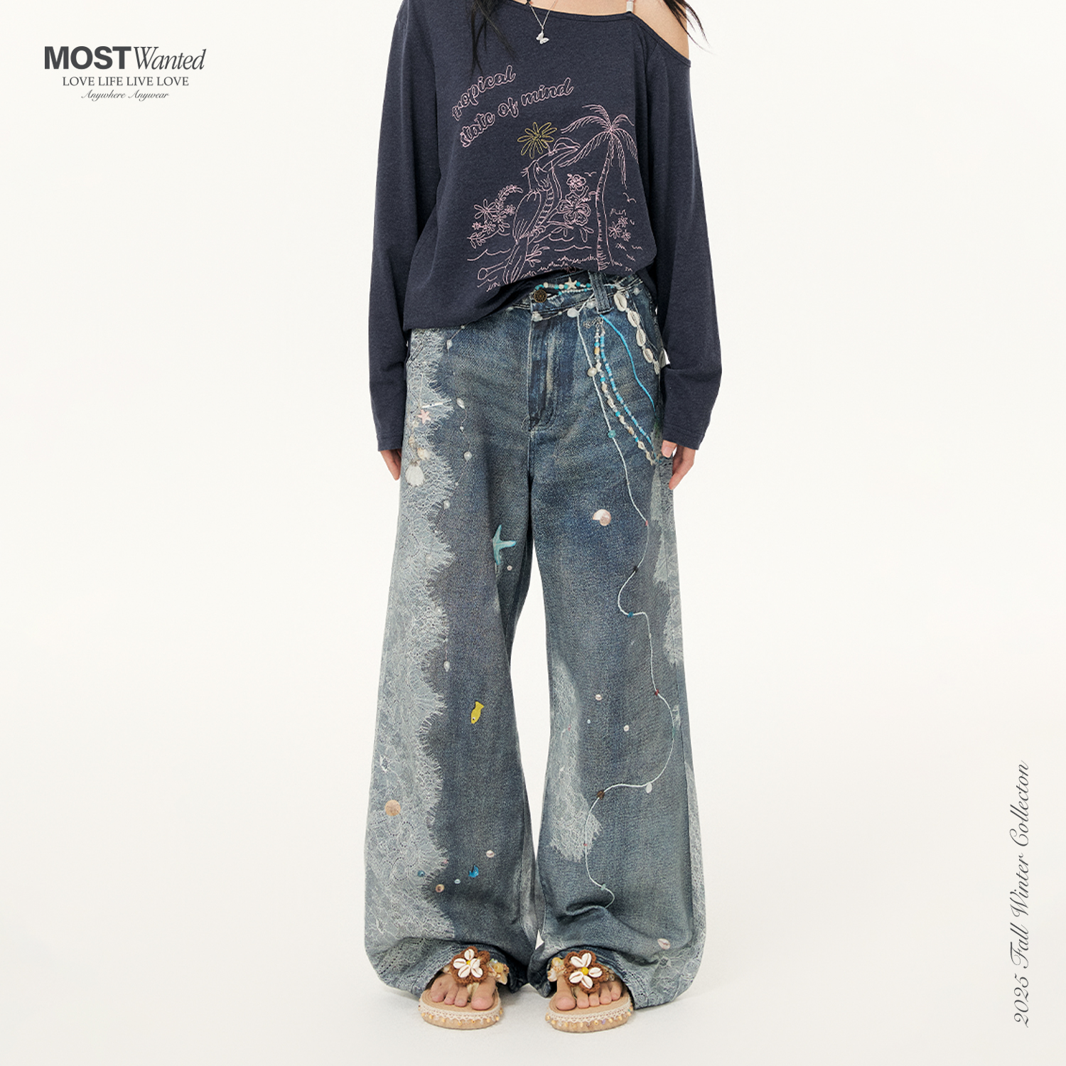 mostwanted 夏威夷珍珠蕾丝冷转移牛仔裤百搭假日风裤链印花长裤