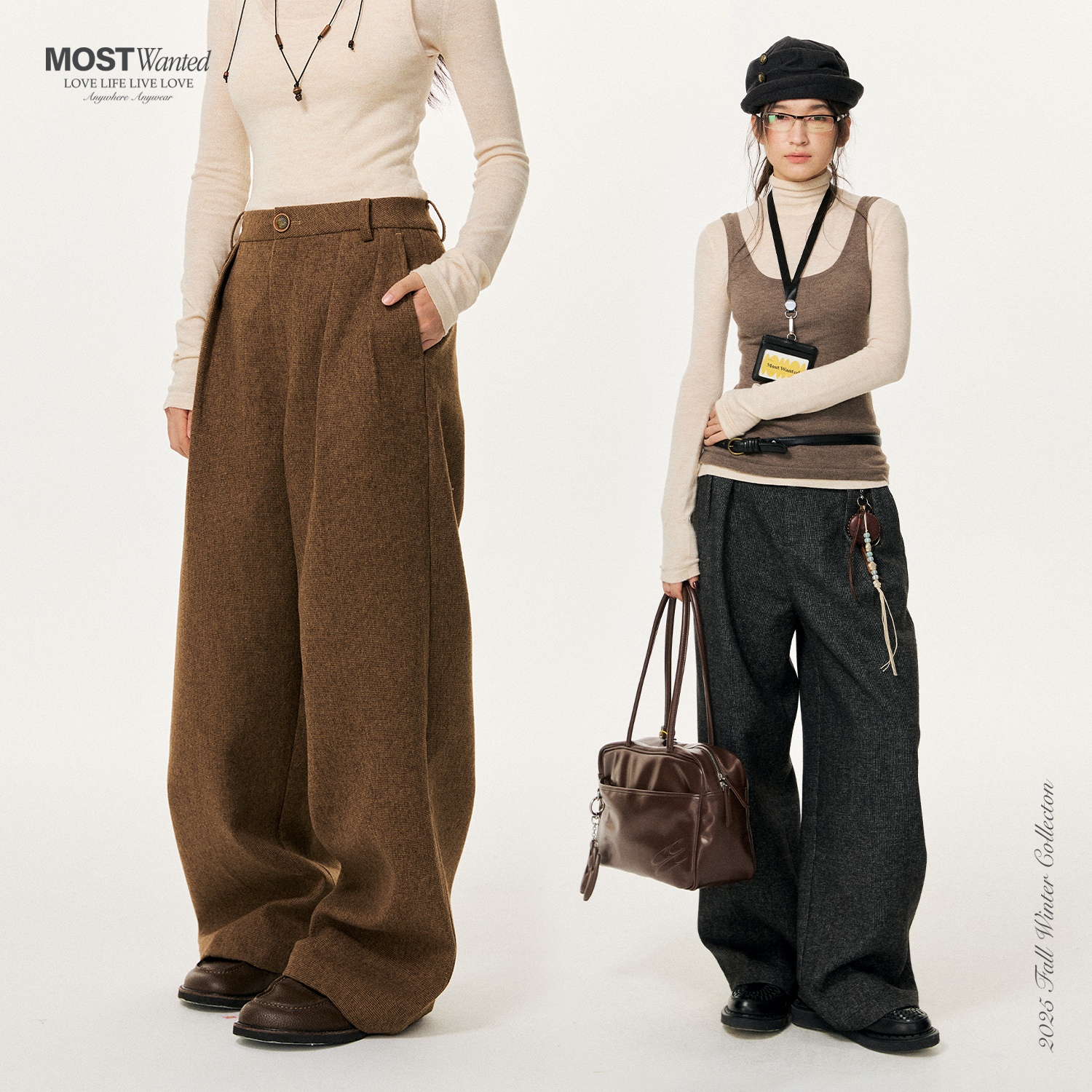 mostwanted羊毛混纺杂色毛呢宽松休闲裤子女2025冬季新款阔腿裤