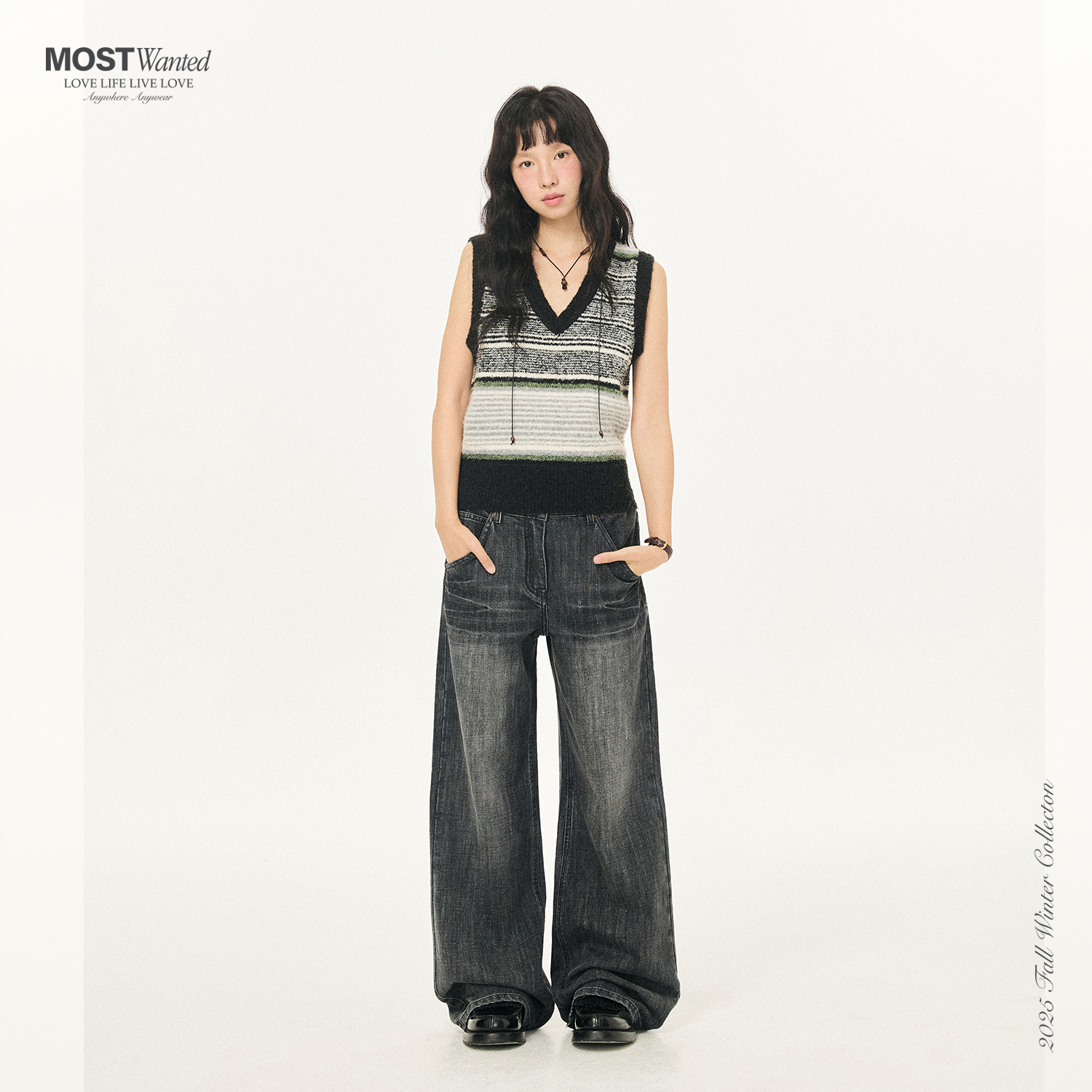 mostwanted扎花水洗复古低腰直筒牛仔裤女2025秋季新款长裤