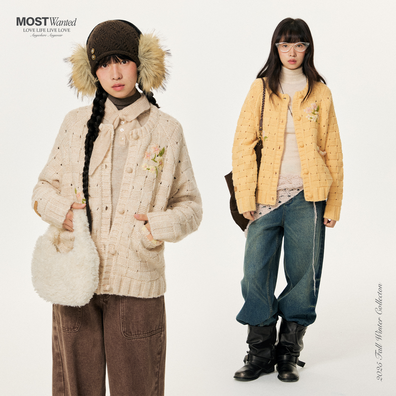 mostwanted小花手绣编织绞花圆领毛衣开衫女2025冬季新款外套