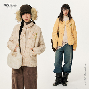 mostwanted小花手绣编织绞花圆领毛衣开衫女2026春季新款外套