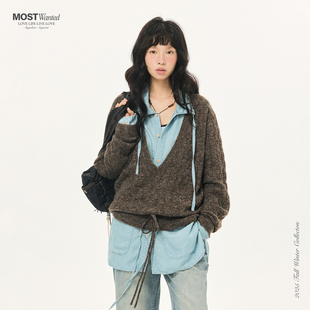 毛衣外套 新款 mostwanted镂空绞花可叠穿深V领针织衫 女2025秋季