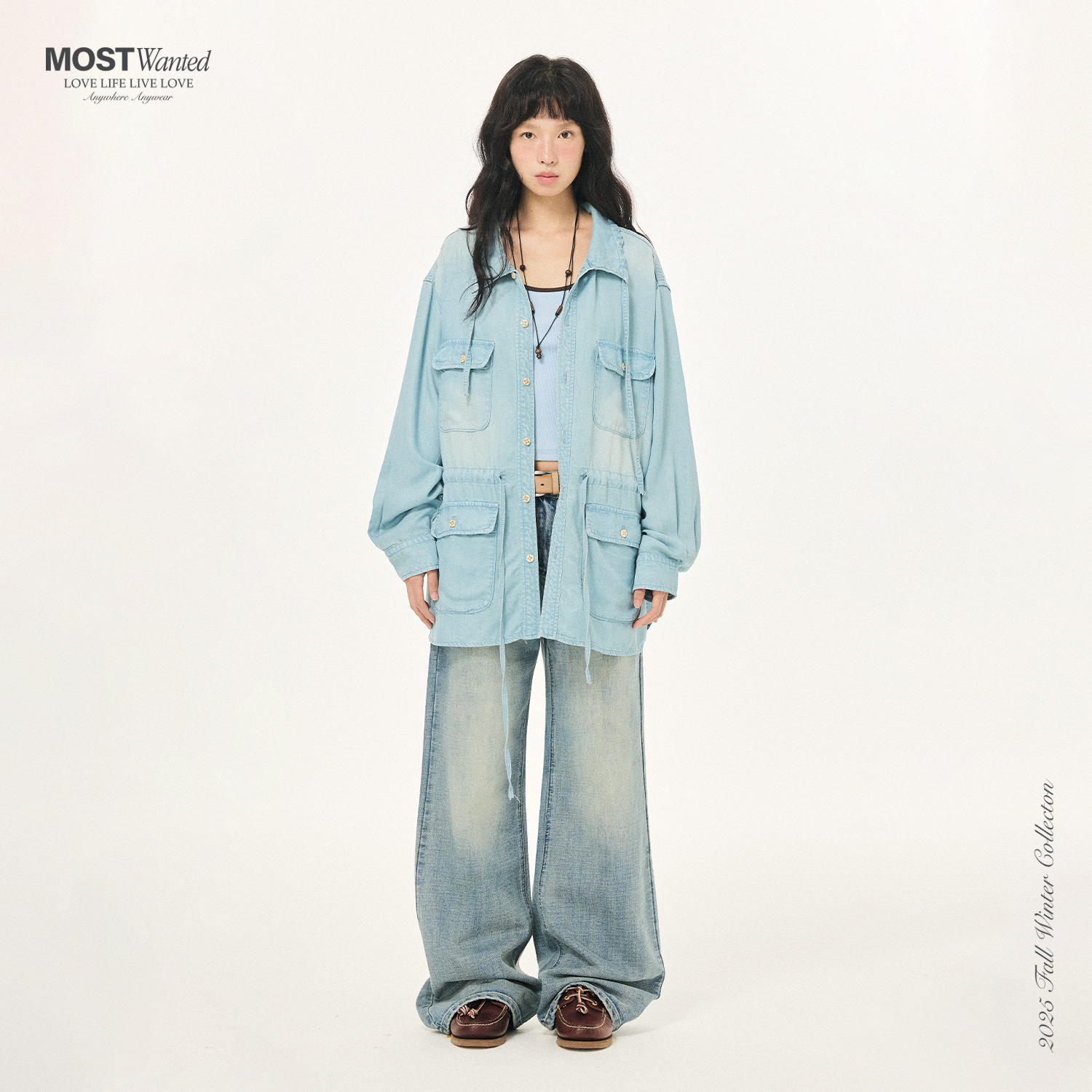 mostwanted天丝牛仔可收腰罩衫蓝色女士衬衫外套2025秋季新款