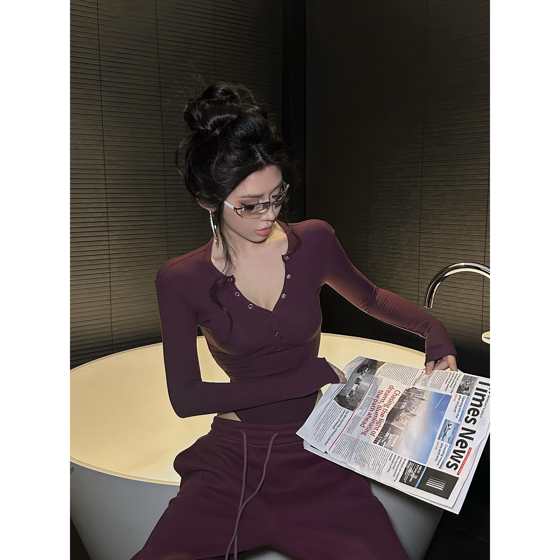 FORNIS 性感V领纽扣长袖上衣休闲修身阔腿裤F25T4544+F25K4545,女装/女士精品,时尚套装,淘宝优惠券,粉丝福利购,淘宝优惠卷