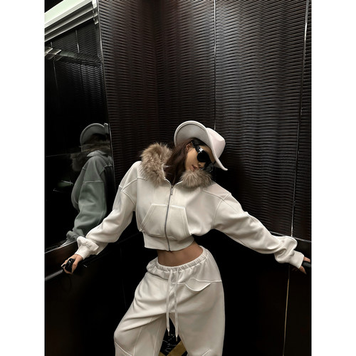 福尔尼斯悦 卫衣套装女高级感2025冬季短款毛领上衣卫裤两件套