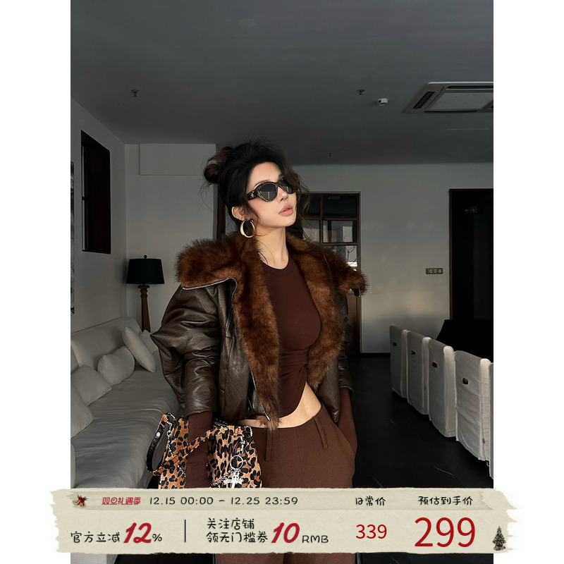 福尔尼斯悦 皮衣外套女加厚2025冬季短款皮毛一体毛领夹克上衣