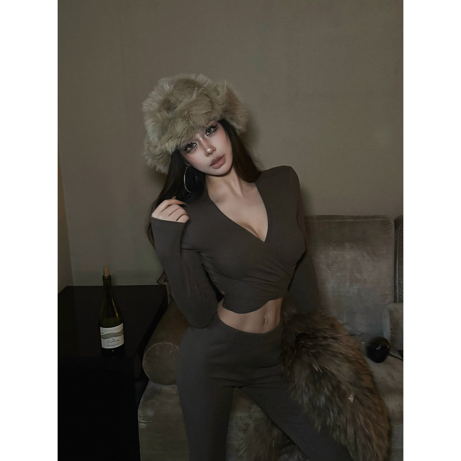 FORNIS 辣妹交叉深V领长袖t恤修身显瘦休闲裤F25Y30029+F25K30030