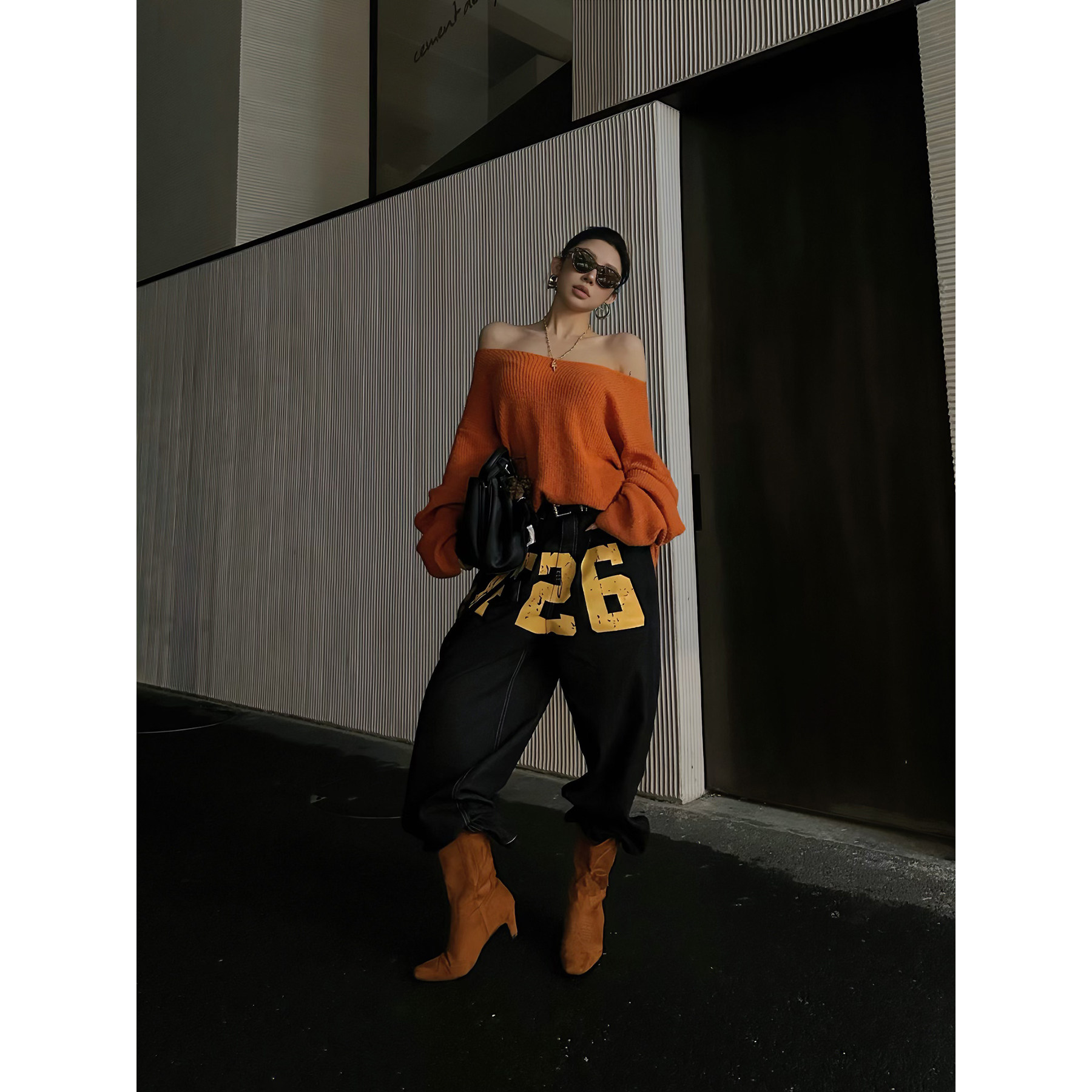 福尔尼斯悦 黑色美式牛仔裤女2025秋季新款低腰宽松版型印花裤子