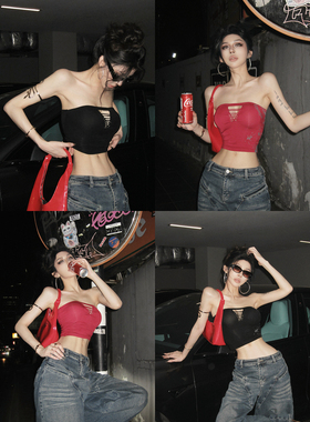 FORNIS【热辣曼调】辣妹印花抹胸镂空性感背心F26B50128F26K50133