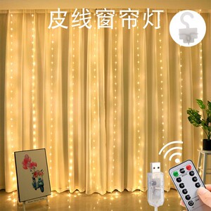 新款皮线窗帘灯3*3米梦幻灯串遥控彩灯串户外防水圣诞铜线窗帘灯