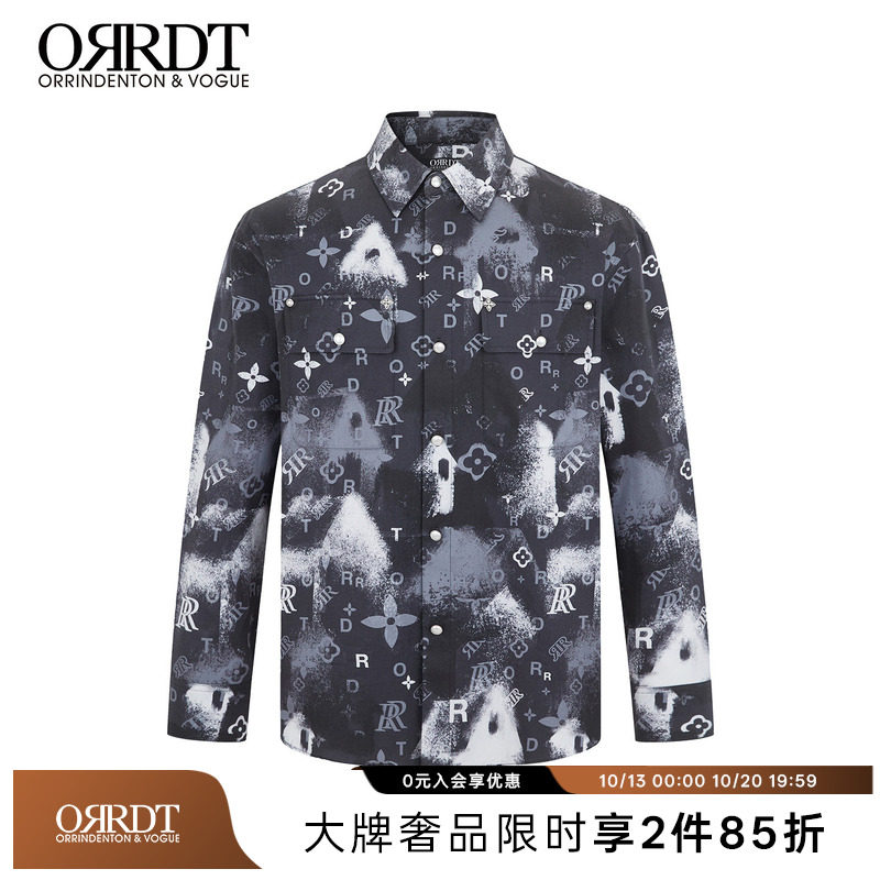 ORRDT澳林丹顿男士时尚满版印花长袖衬衫宽松潮流翻领度假风衬衫
