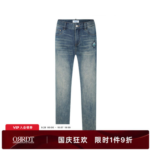 澳林丹顿春夏烫钻刺绣水洗牛仔裤