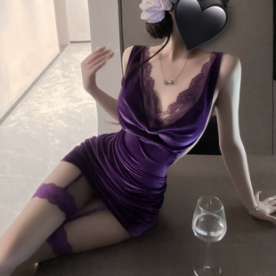 「媚色撩人」性感蕾丝交叉肩带纯欲包臀睡裙辣妹内搭睡衣