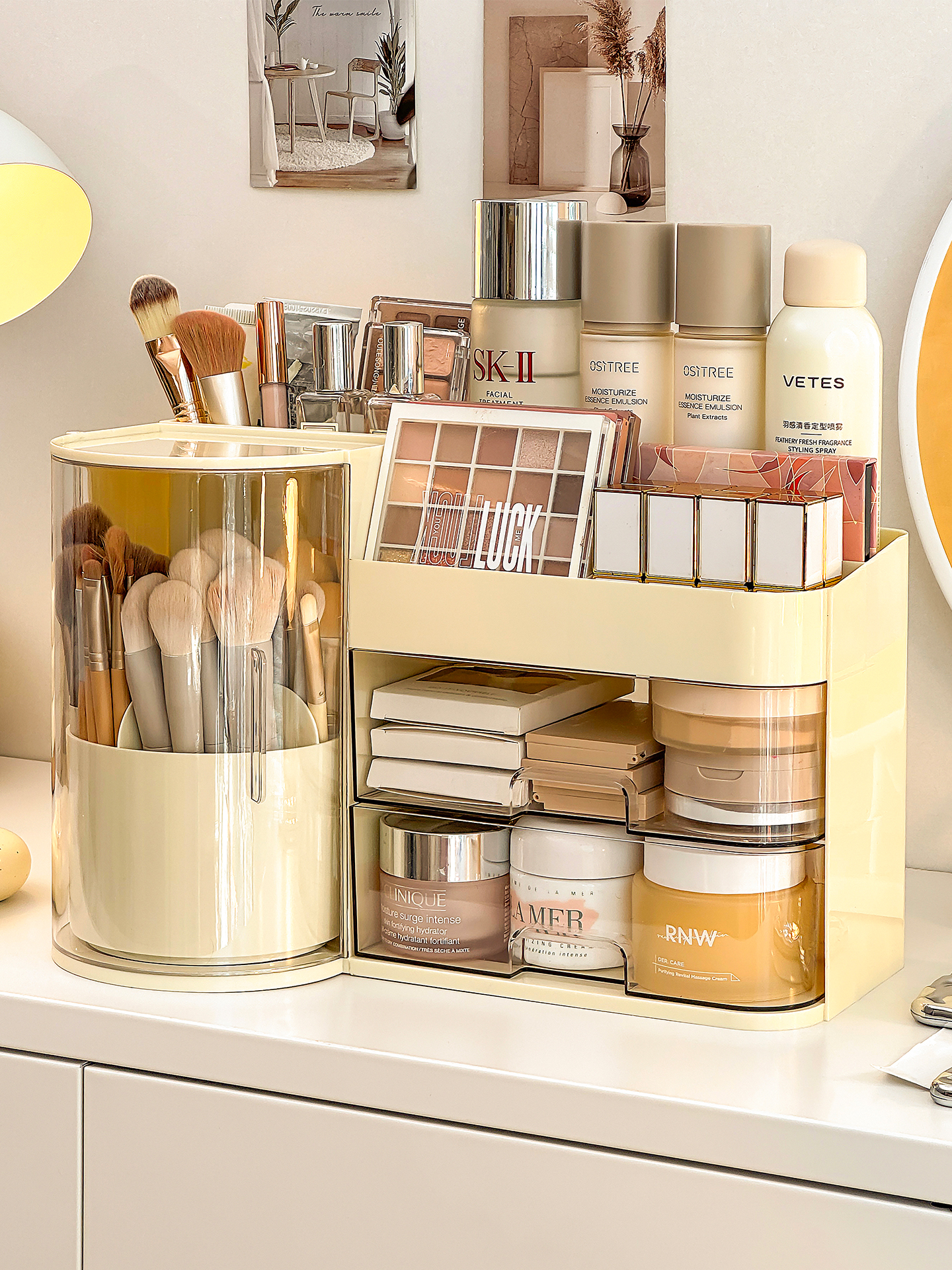 桌面化妆品收纳盒高级感防尘化妆刷收纳筒分格亚克力梳妆台置物架