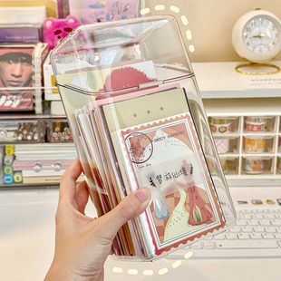 明信片收纳盒压克力透明盒桌面文具卡片手账杂物整理神器带盖子笔