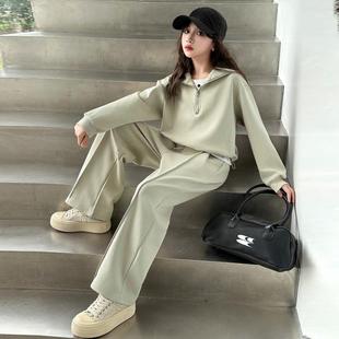 女童春秋款卫衣套装2025新款童装中大童女孩休闲阔腿裤浅绿色春装