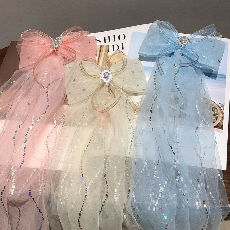 水钻大蝴蝶结儿童头纱公主披纱女孩礼服婚纱配饰生日发饰飘带发夹