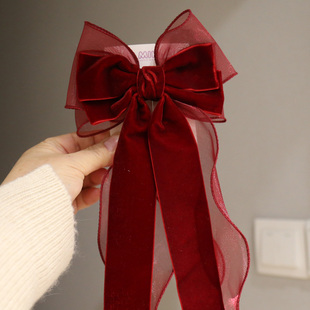 25秋冬高级丝绒酒红大蝴蝶结飘带儿童发夹女童顶夹公主小女孩发饰