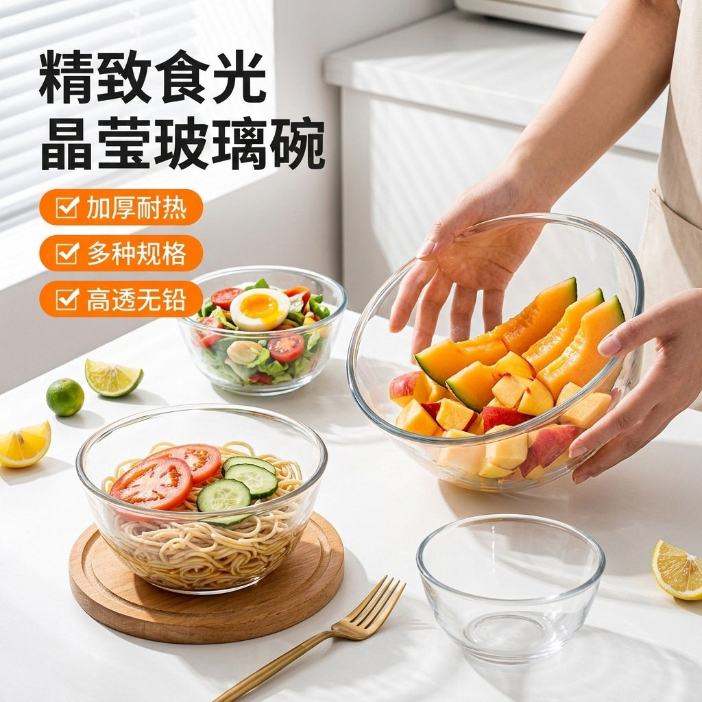 耐高温透明玻璃碗家用蛋糕烘焙玻璃和面盆打蛋沙拉泡面碗大号汤碗