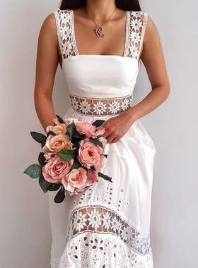 dresses 夏季森系仙气无袖宽肩带勾花镂空连衣裙白色沙滩仙女长裙